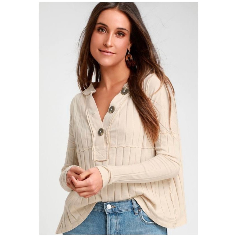 WE THE FREE In the Mix Ivory Ribbed Buttons Long Sleeve Top